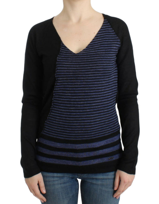 Black striped V-neck sweater