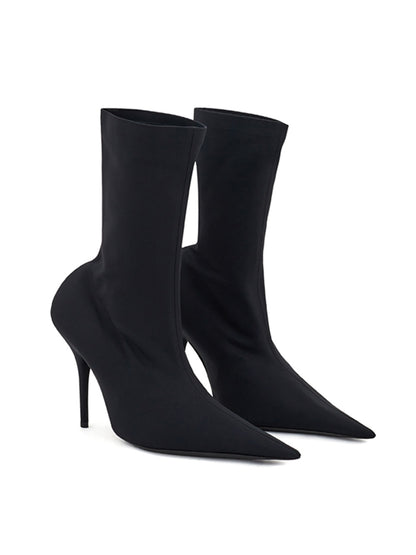 Sleek Black Knife Ankle Boot Stretch Fabric Heels