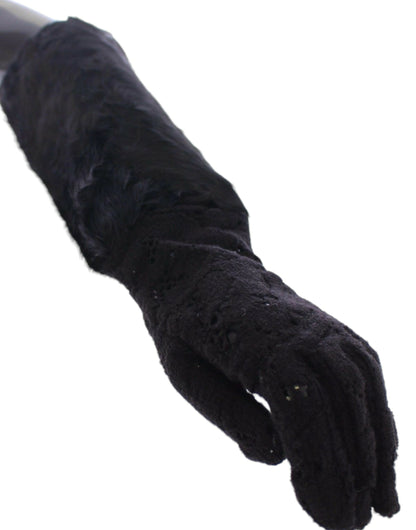 Black Lace Wool Lambskin Fur Elbow Gloves