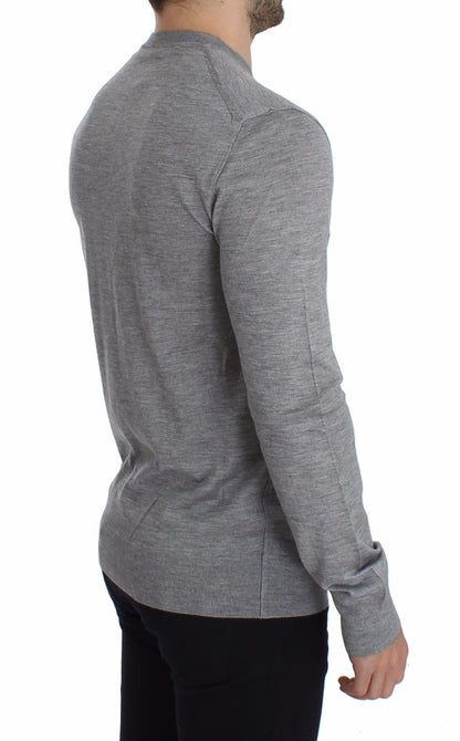 Elegant Gray Silk-Cashmere V-Neck Sweater