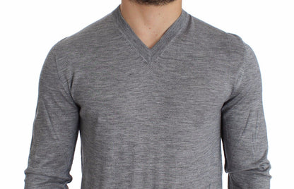 Elegant Gray Silk-Cashmere V-Neck Sweater