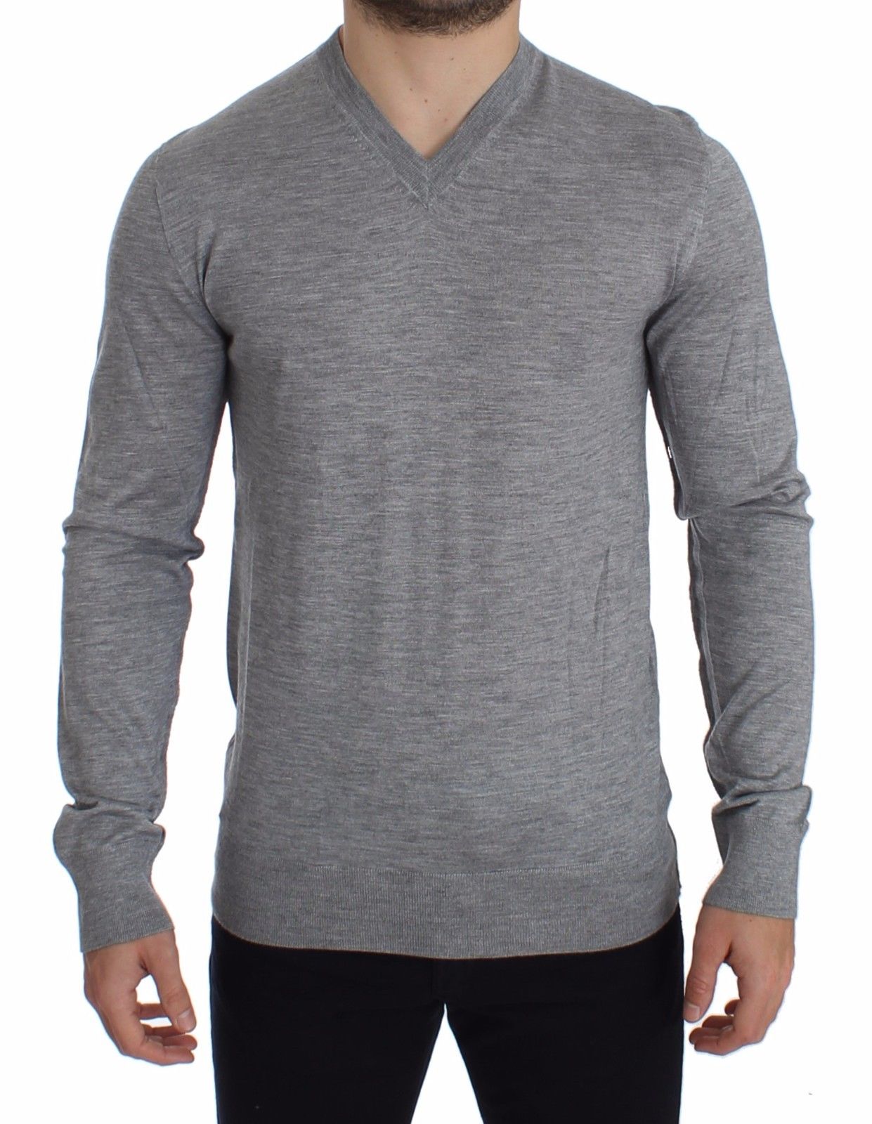 Elegant Gray Silk-Cashmere V-Neck Sweater