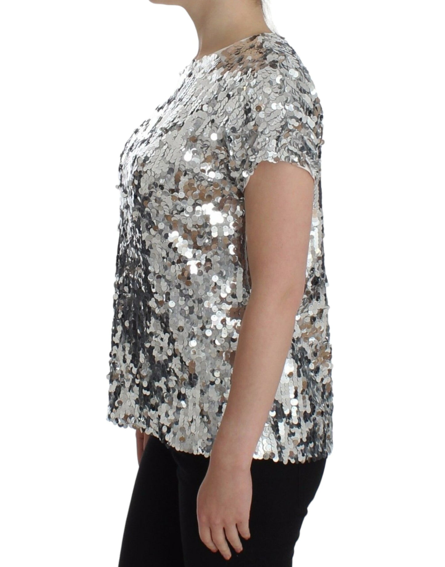 Silver Sequined Crewneck Blouse T-shirt Top