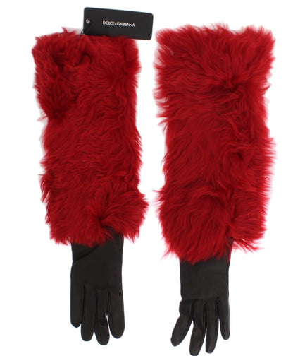 Brown Leather Red Fur Elbow Gloves