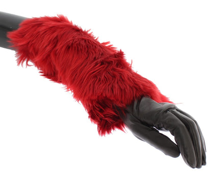 Brown Leather Red Fur Elbow Gloves