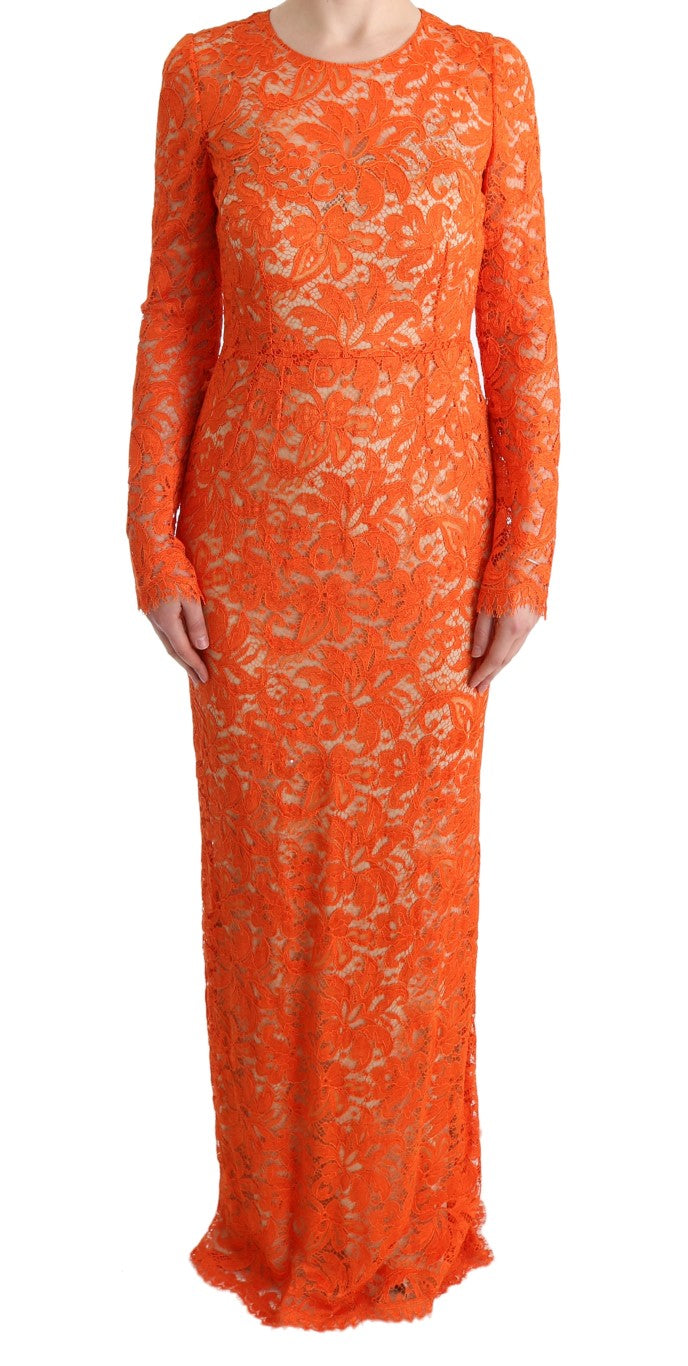 Elegant Long-Sleeve Full-Length Orange Sheath Dress