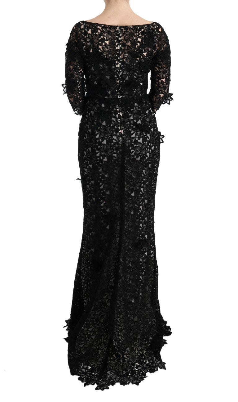 Elegant Black Maxi Shift Dress with Floral Applique