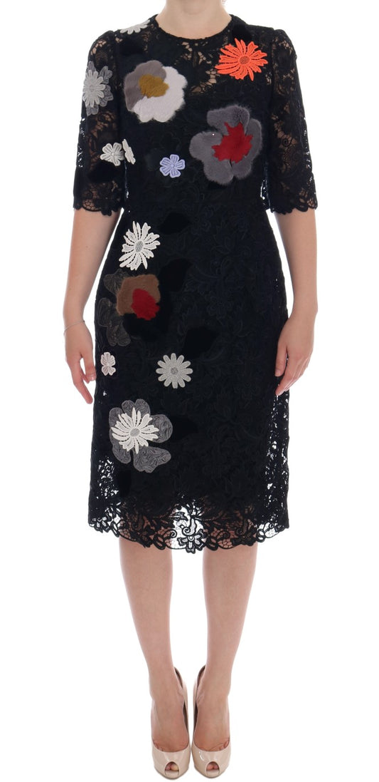 Elegant Black Floral Lace Embroidered Sheath Dress