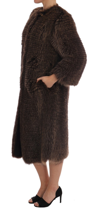 Elegant Brown Raccoon Fur Knee-Length Coat