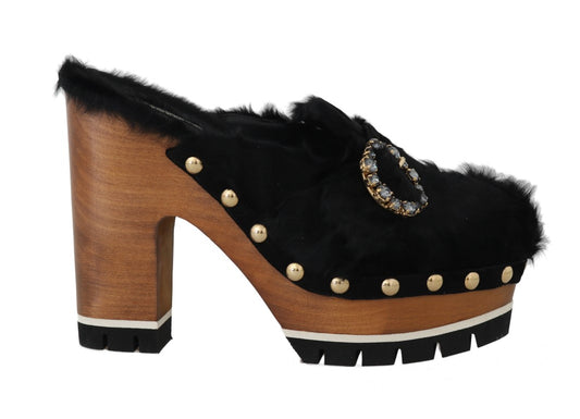 Black Lamb Fur Suede Slides with Crystal Studs