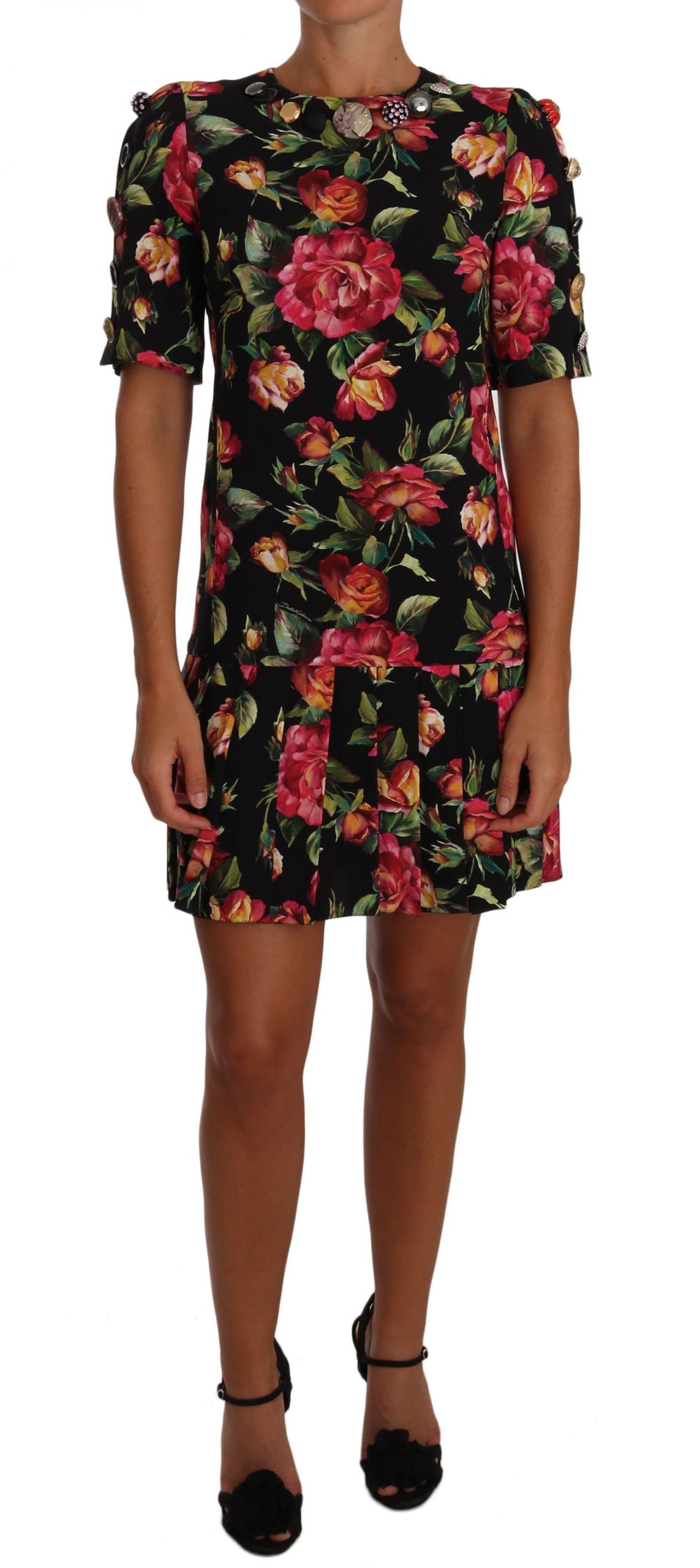 Elegant Floral Sheath Dress with Crystal Buttons