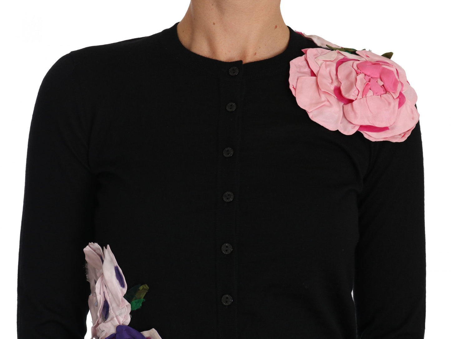 Elegant Black Cashmere Floral Cardigan