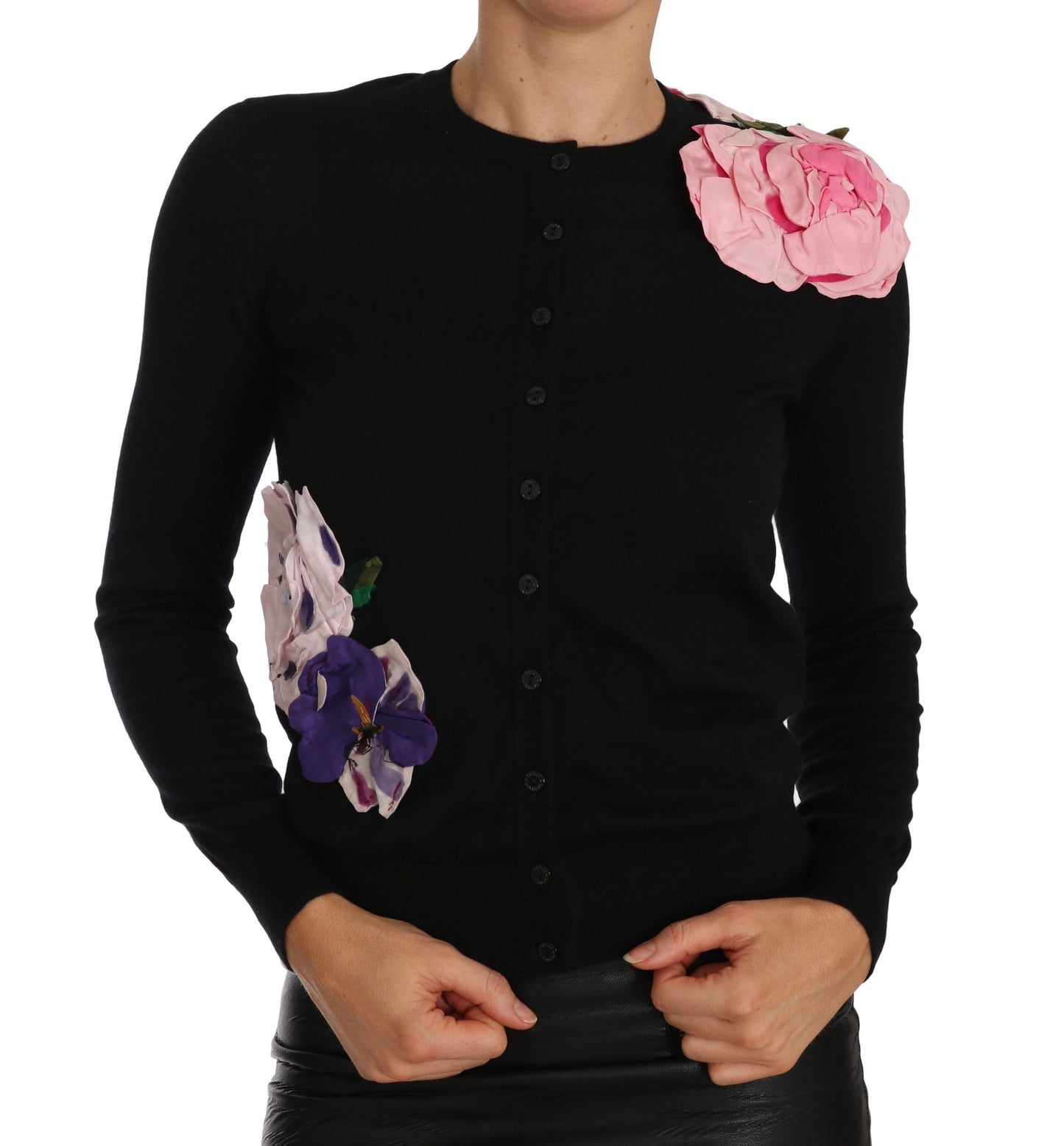 Elegant Black Cashmere Floral Cardigan