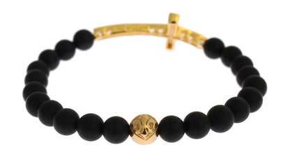 Matte Onyx Stone Gold CZ Cross 925 Silver Bracelet