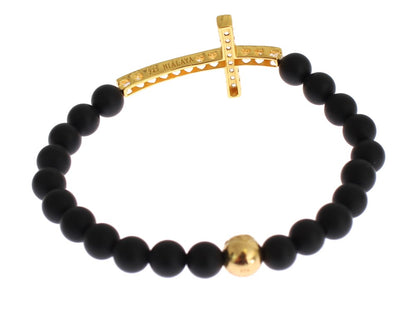 Matte Onyx Stone Gold CZ Cross 925 Silver Bracelet