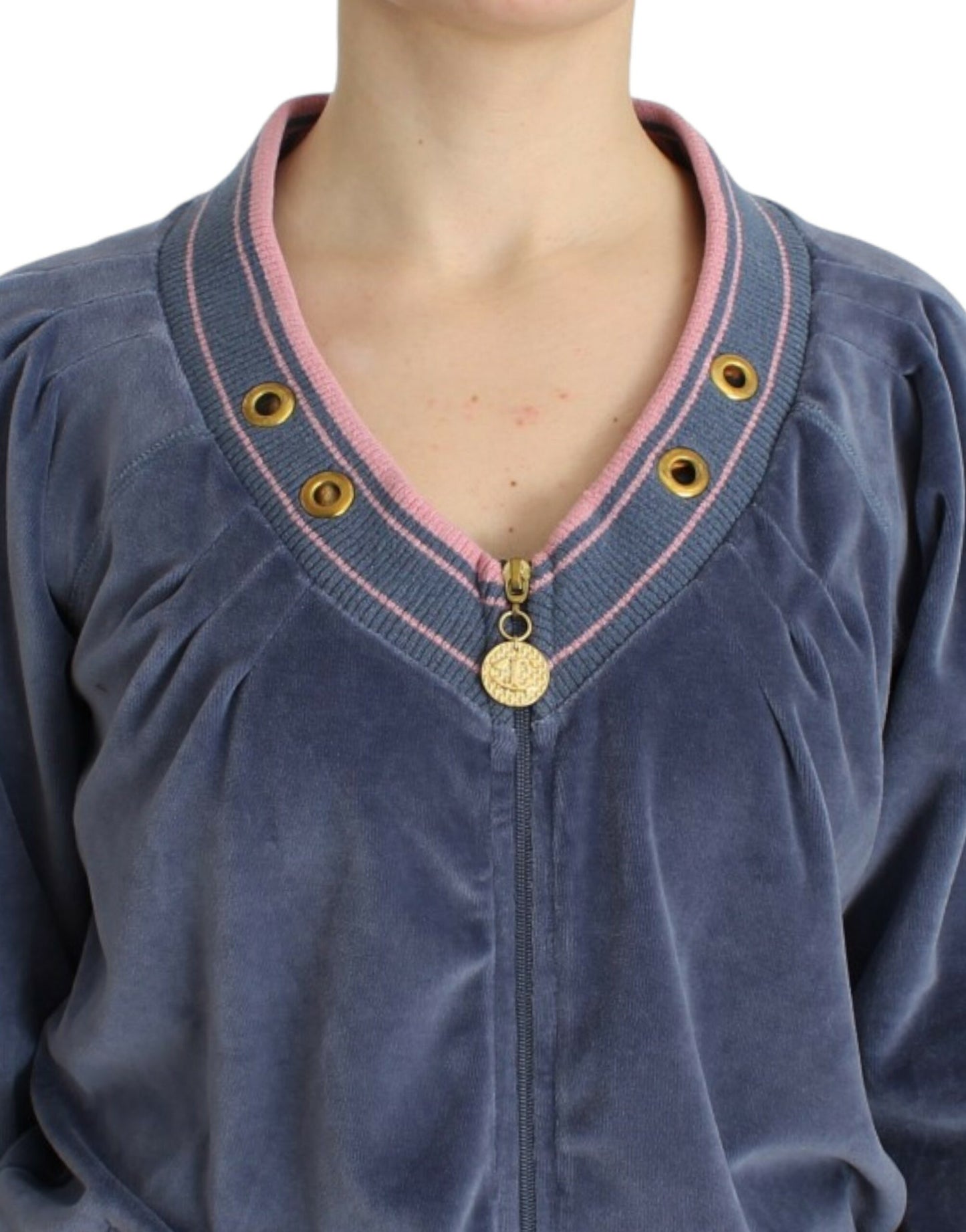 Elegant Blue Zip Cardigan with Gold Details