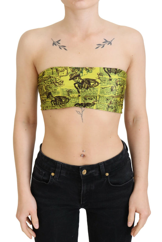 Yellow Newspaper Print Cropped Blouse