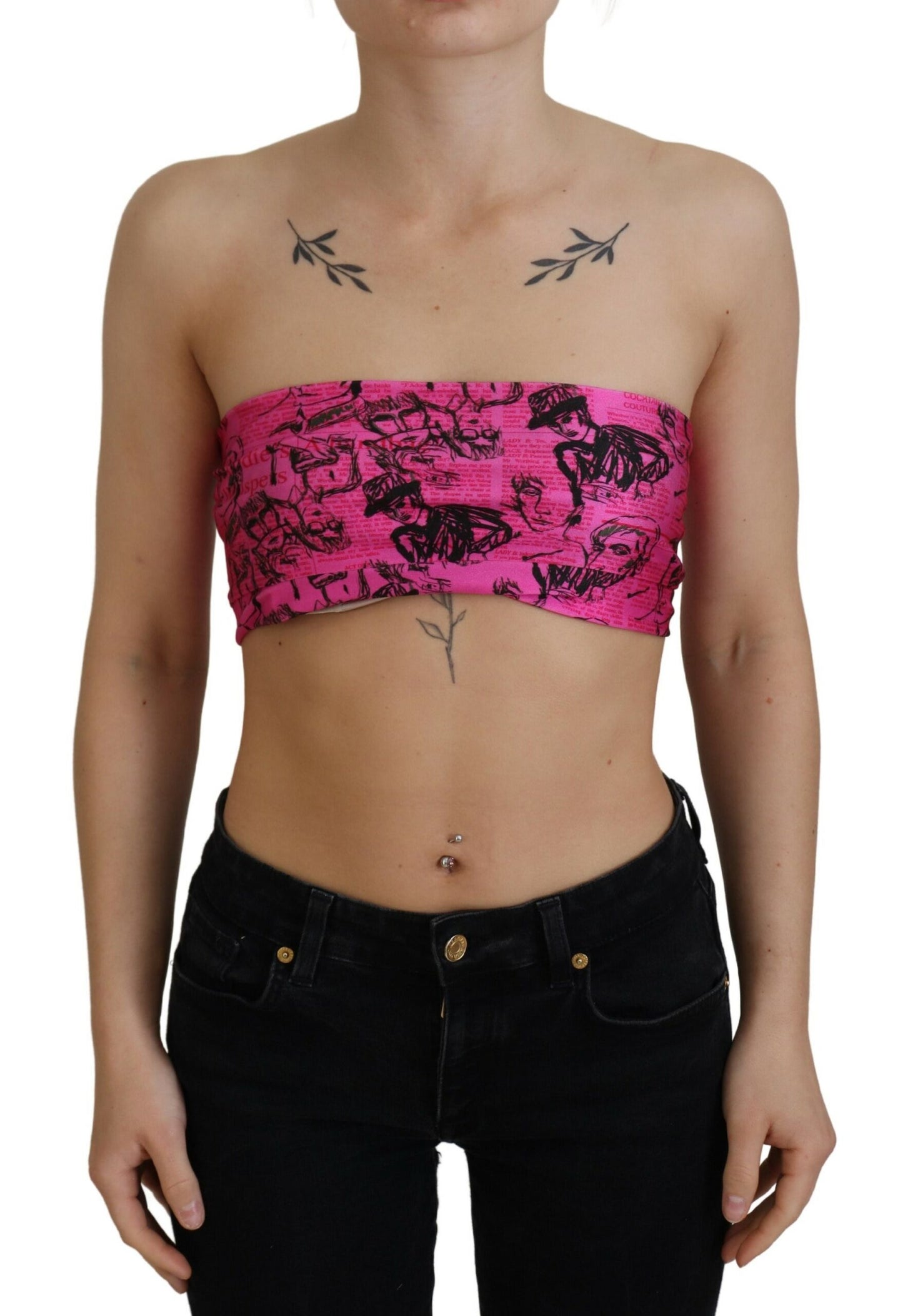 Pink Newspaper Print Bra Cropped Blouse