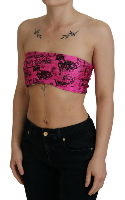 Pink Newspaper Print Bra Cropped Blouse