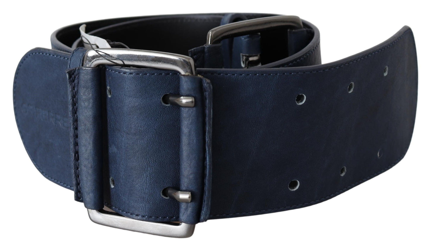 Chic Blue Leather Belt with Silver Tone Hardware