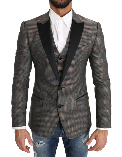 Elegant Gray Circle Pattern Blazer and Vest Set