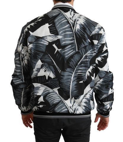 Black Banana Leaf Print Bomber Jacket