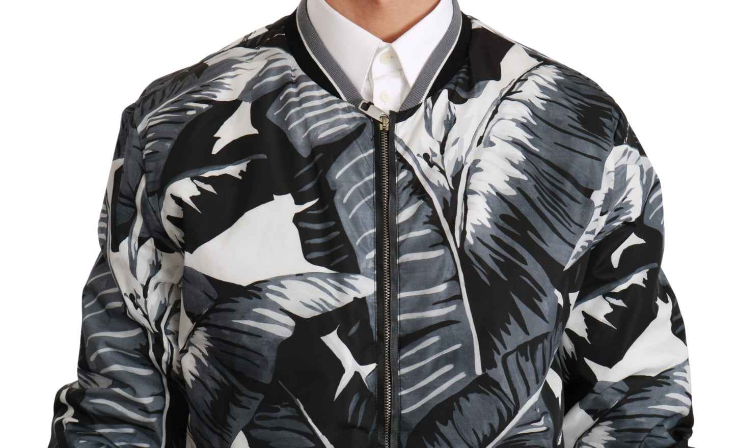 Black Banana Leaf Print Bomber Jacket