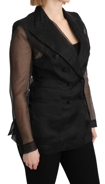 Elegant Black Silk Double Breasted Blazer