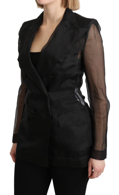 Elegant Black Silk Double Breasted Blazer