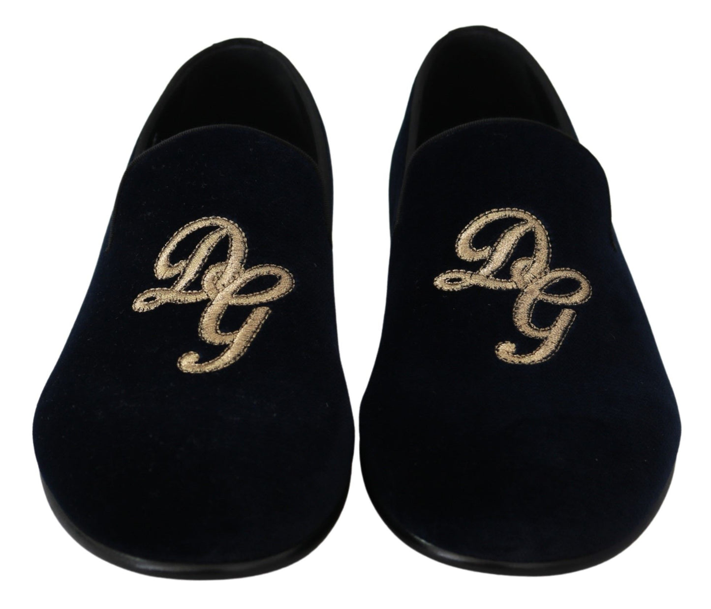 Blue Velvet Gold Logo Slipper Loafers Shoes