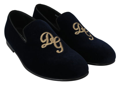 Blue Velvet Gold Logo Slipper Loafers Shoes