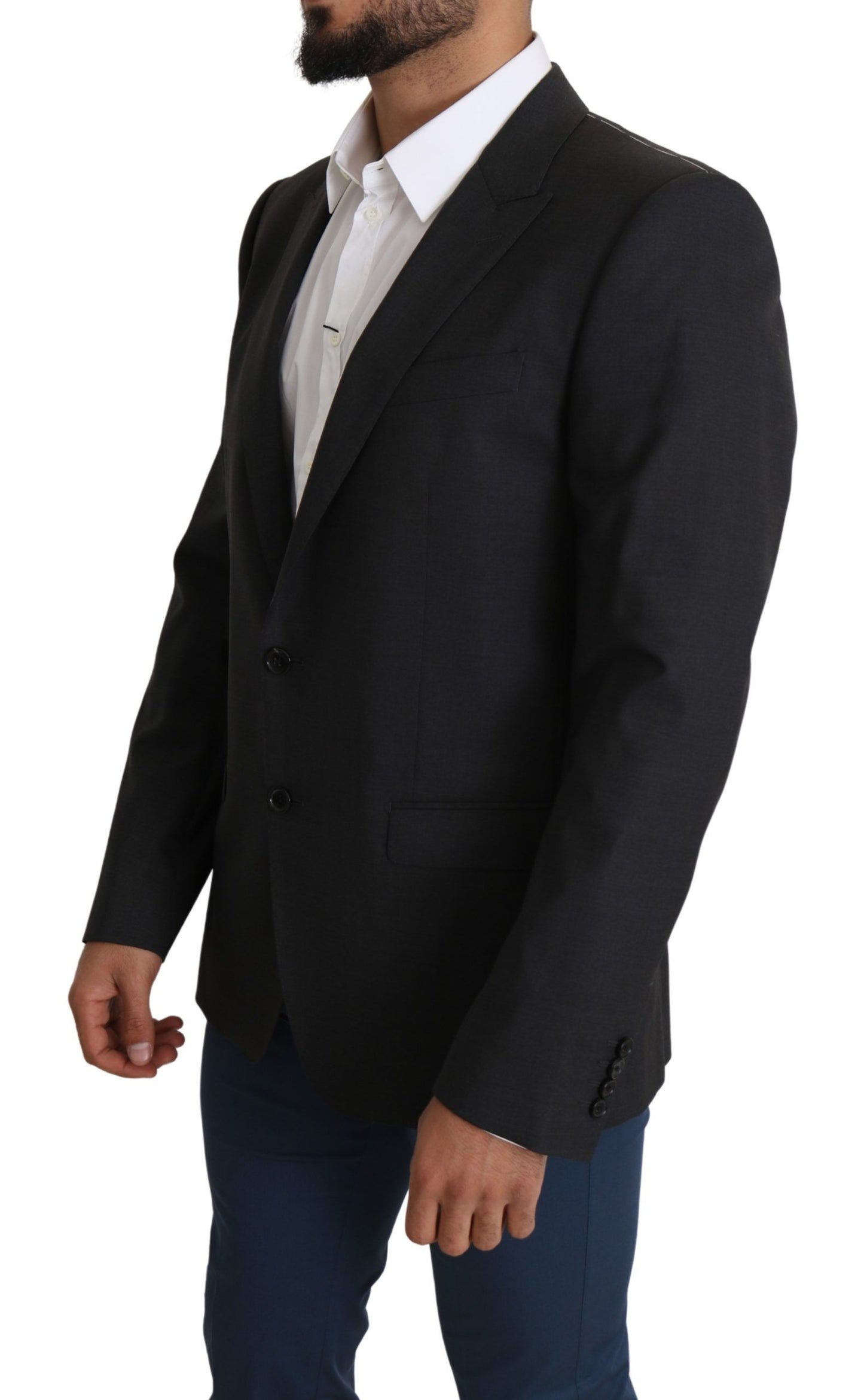 Elegant Gray Wool Silk Blend Slim Fit Blazer