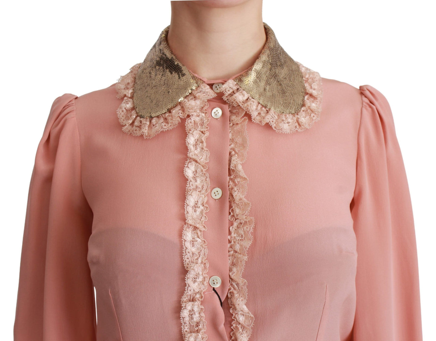 Elegant Pink Lace Silk Blouse with Gold Sequins