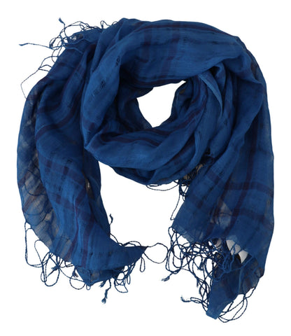 Blue Linen Shawl Foulard Fringes Scarf