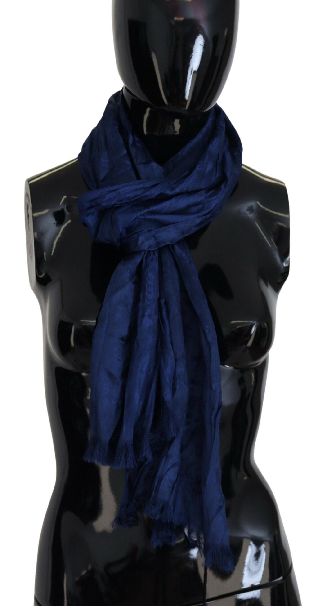 Blue Silk Shawl Foulard Fringes Scarf