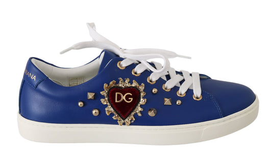 Chic Blue Leather Sneakers with Velvet Heart