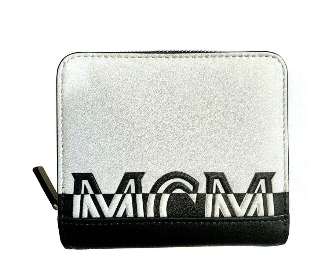 MCM Women's White Black Contrast Logo Small Zip Wallet