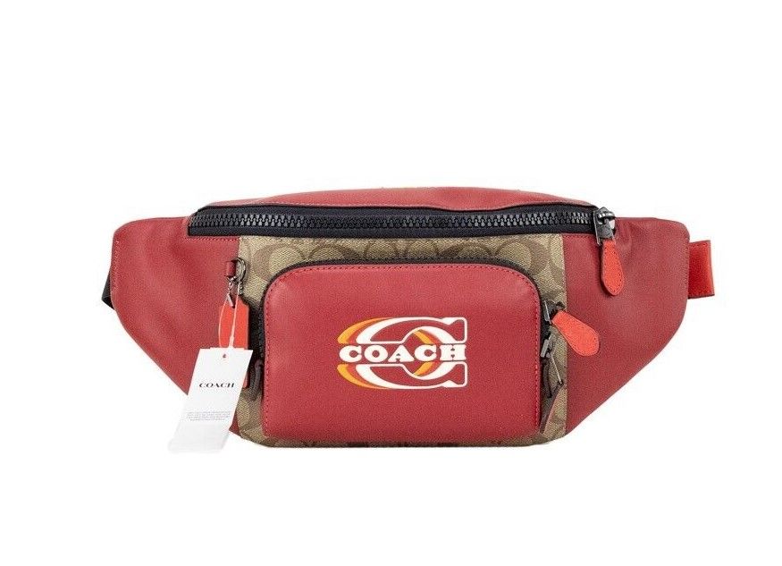 Track Colorblock Khaki Coated Canvas Red Leather Stamp Belt Bag