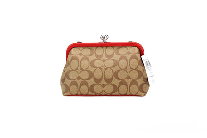 Nora Small Khaki Red Signature PVC Kisslock Chain Crossbody Bag