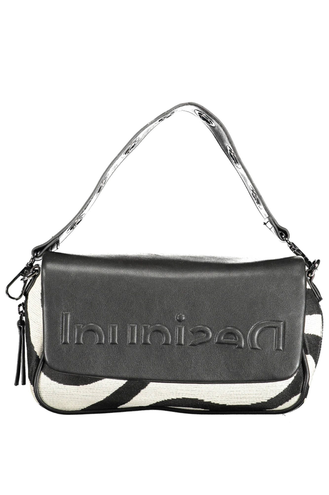 Chic Contrast Detail Black Cotton Handbag