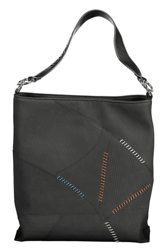 Sleek Black Polyurethane Handbag with Logo Accent