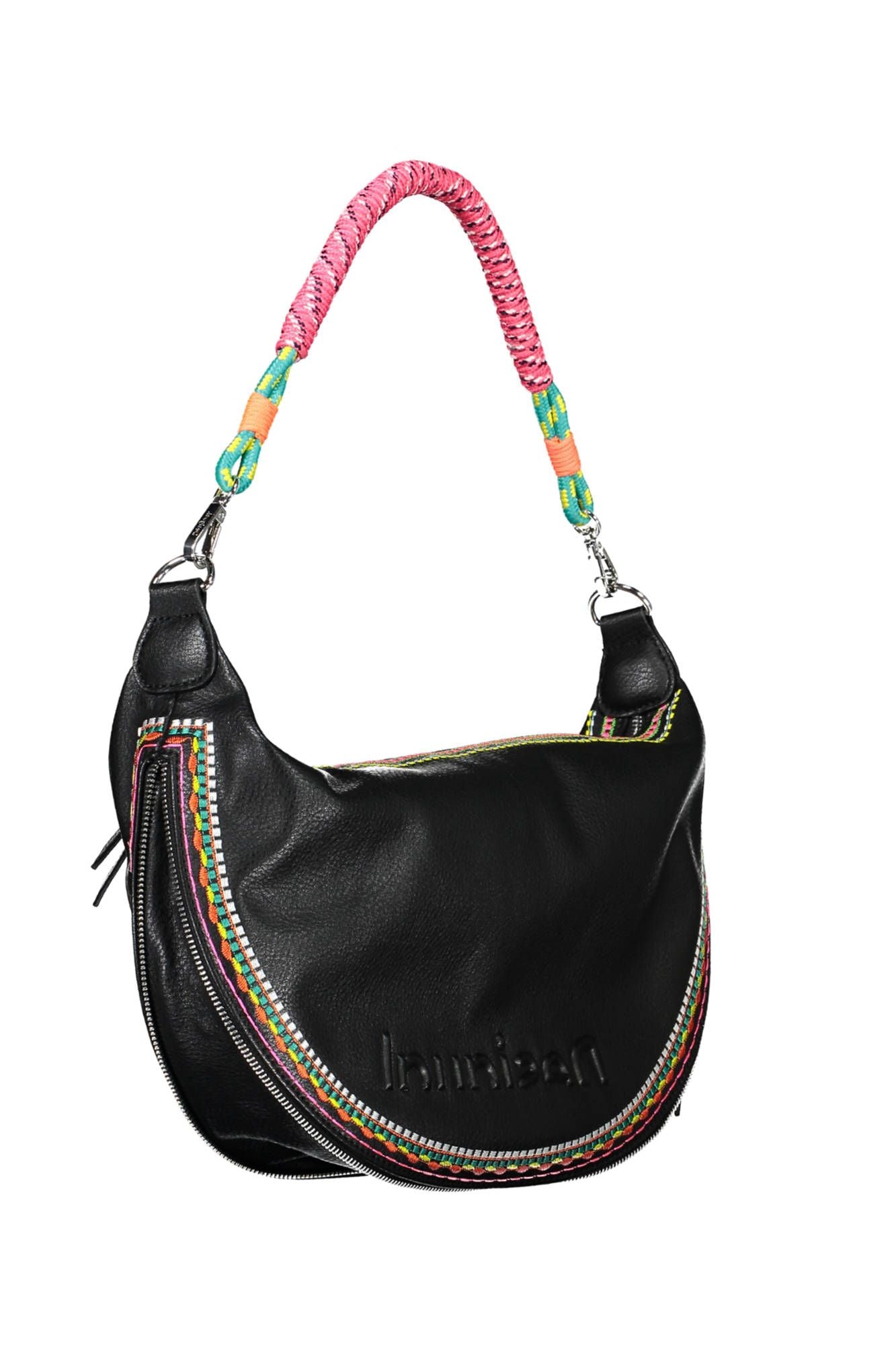 Elegant Embroidered Black Handbag with Contrasting Details