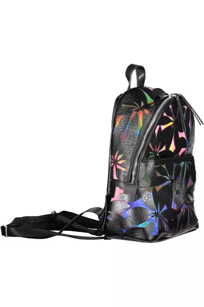 Chic Black Polyethylene Backpack with Logo Detail