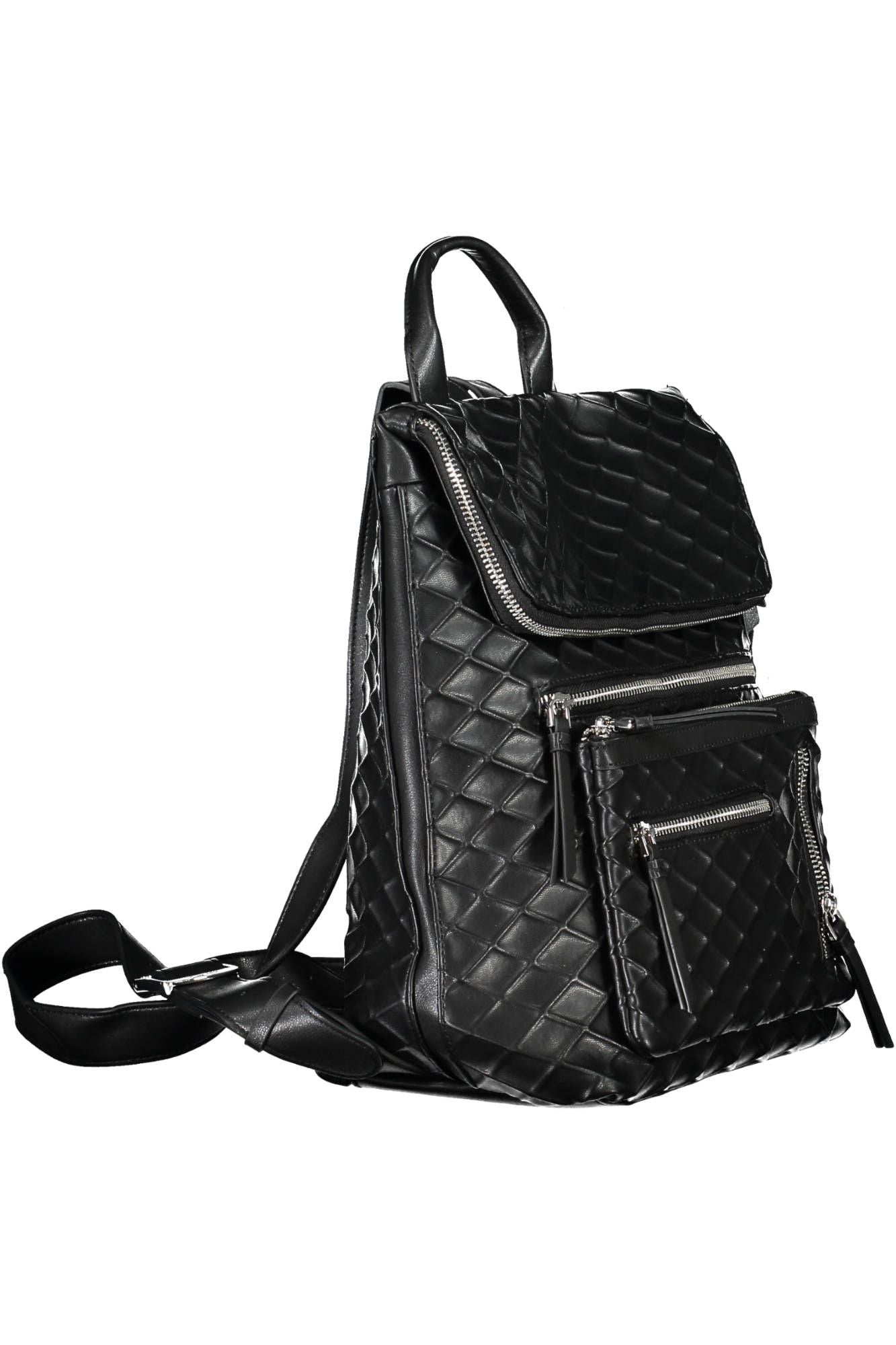 Chic Black Polyurethane Backpack with Contrast Details