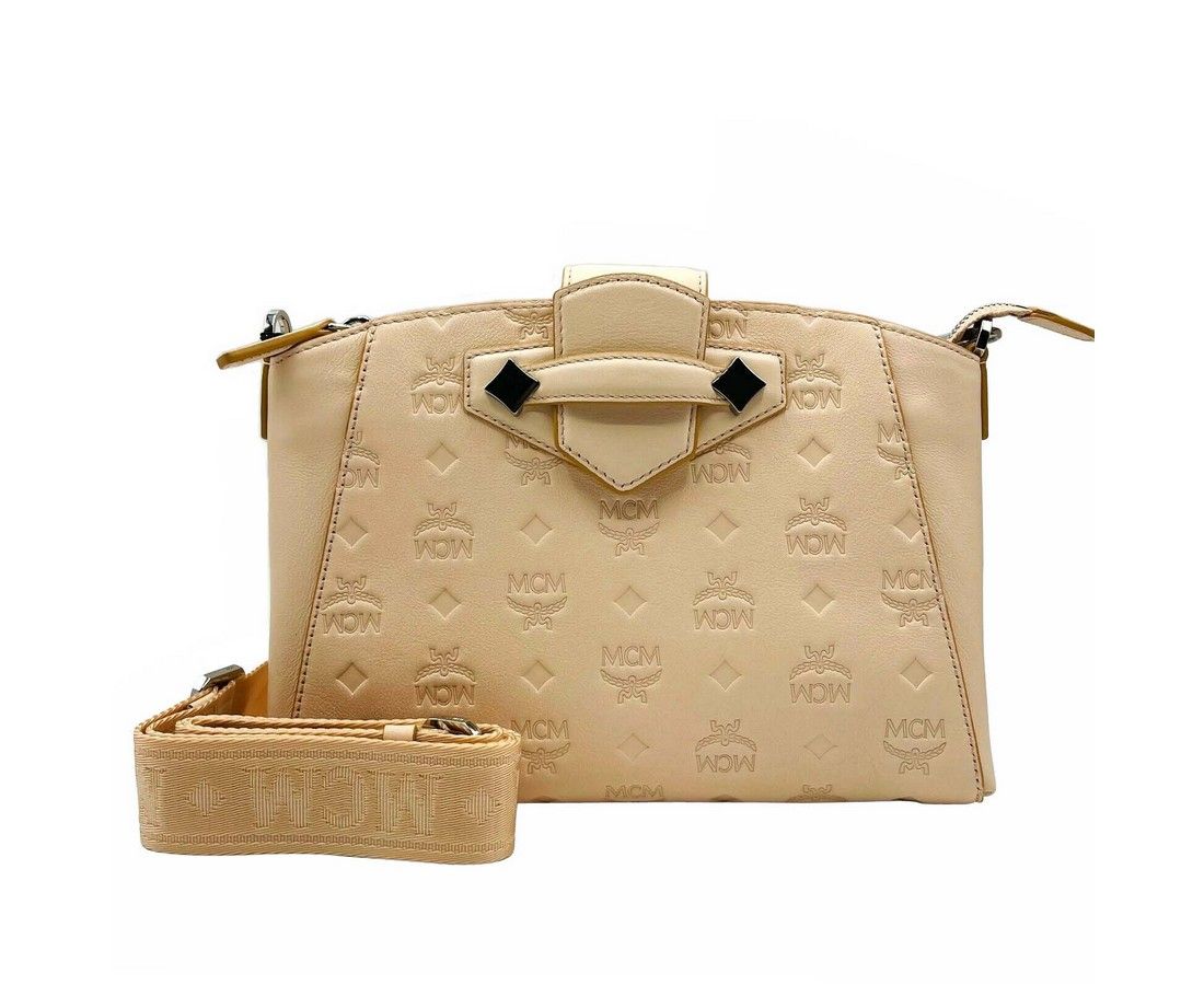 MCM Women's Beige Monogram Leather Essential Tote Crossbody Bag Beige/Peach