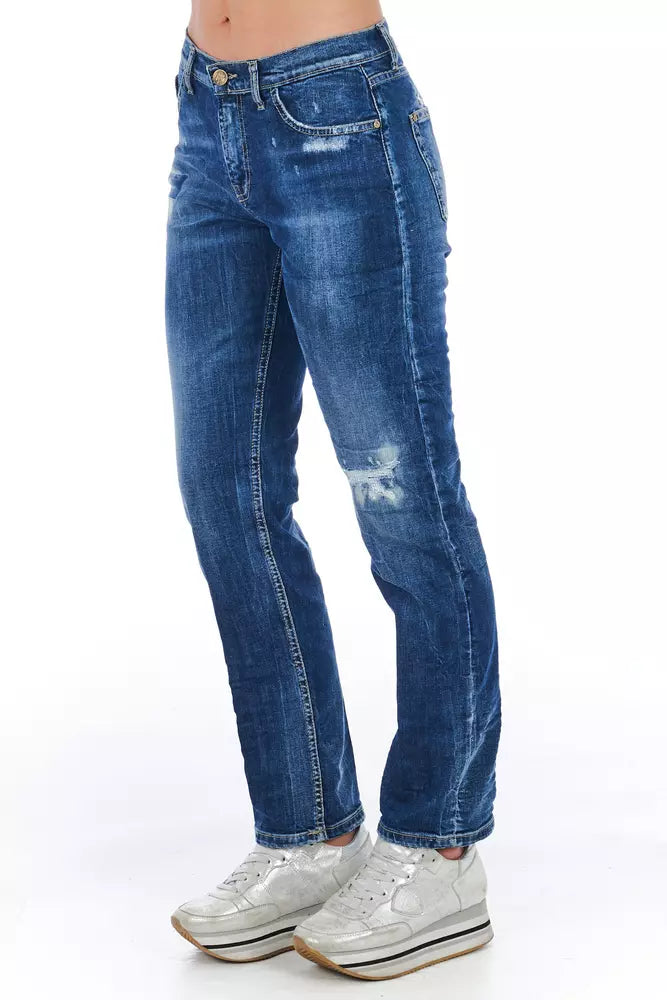 Blue Cotton Blend Worn Wash Jeans