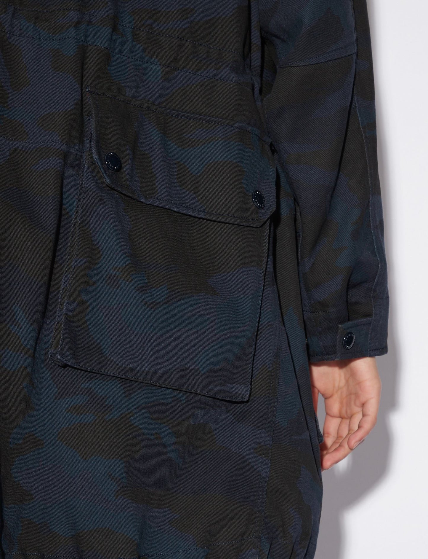 Camouflage Hooded Trench Coat in Dark Blue