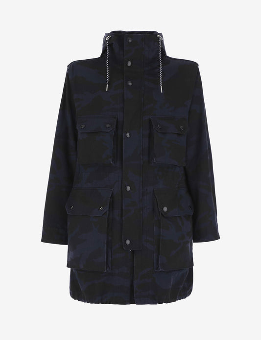 Camouflage Hooded Trench Coat in Dark Blue