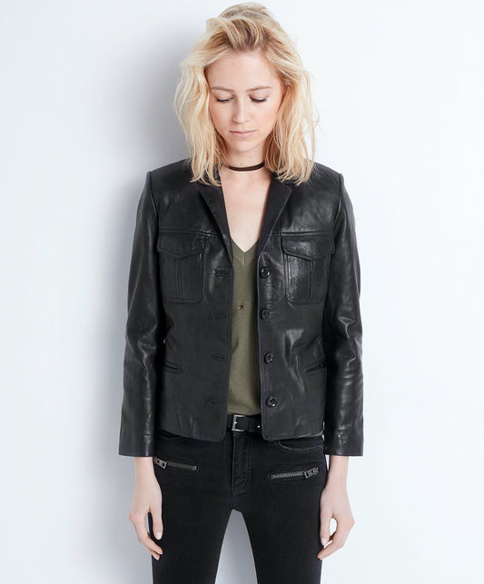 Chic Black Leather Multi-Pocket Jacket