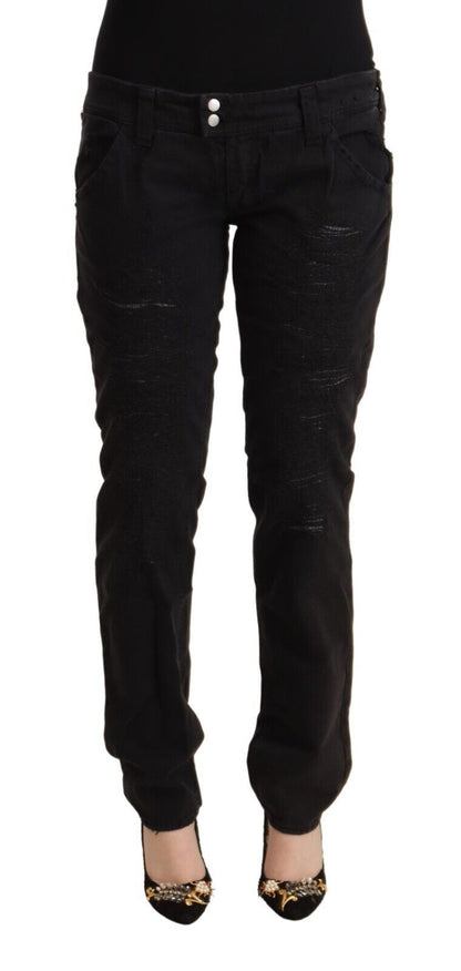 Black Cotton Distressed Low Waist Slim Fit Denim Jeans